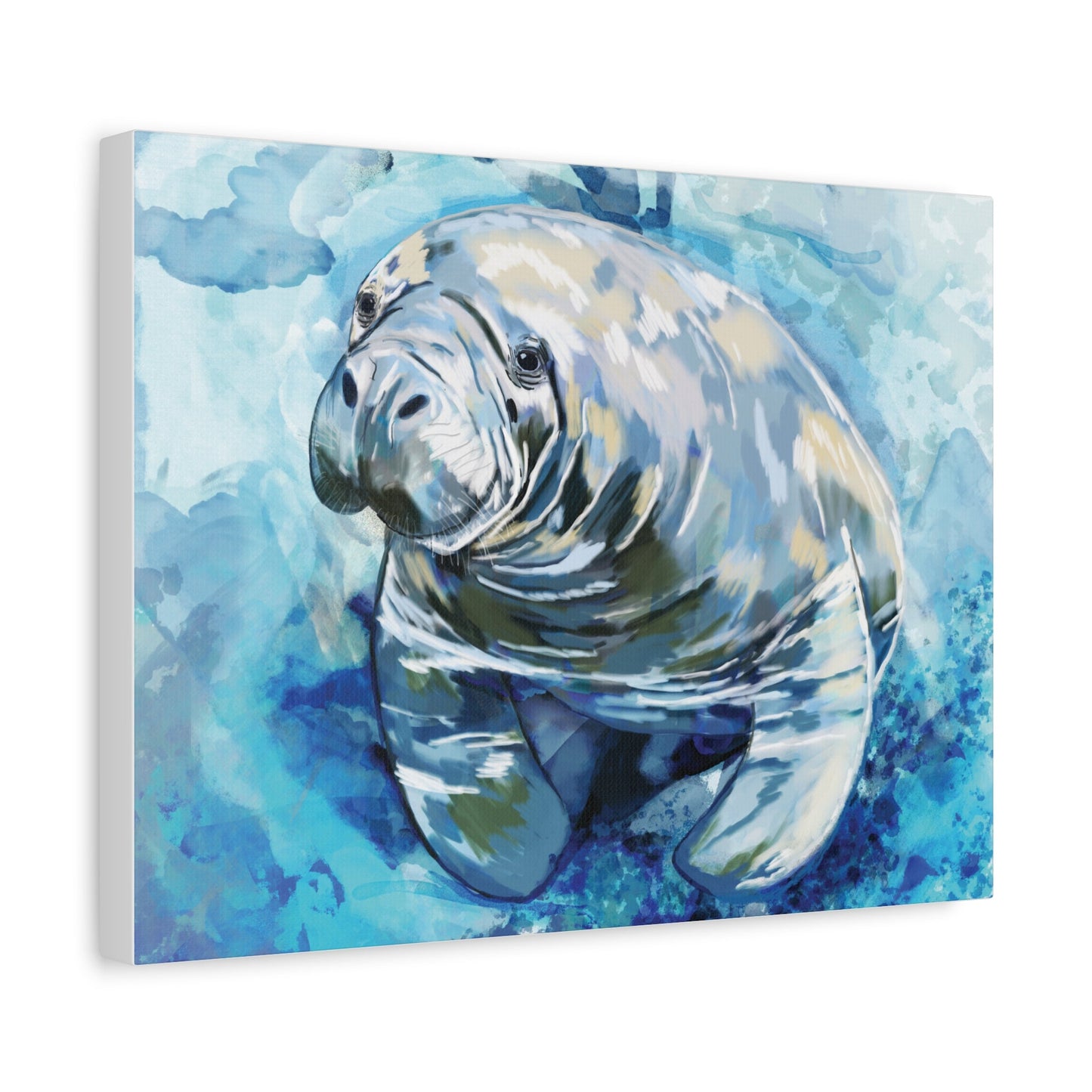 Watercolor Manatee Canvas Art - Beach House Decor - Blue Cava