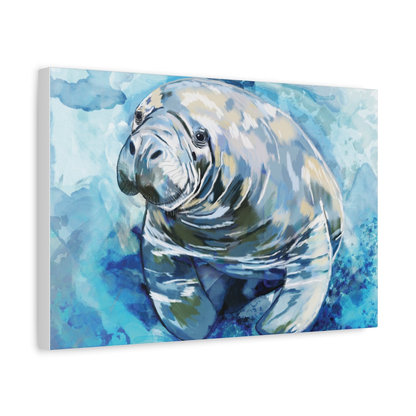 Watercolor Manatee Canvas Art - Beach House Decor - Blue Cava