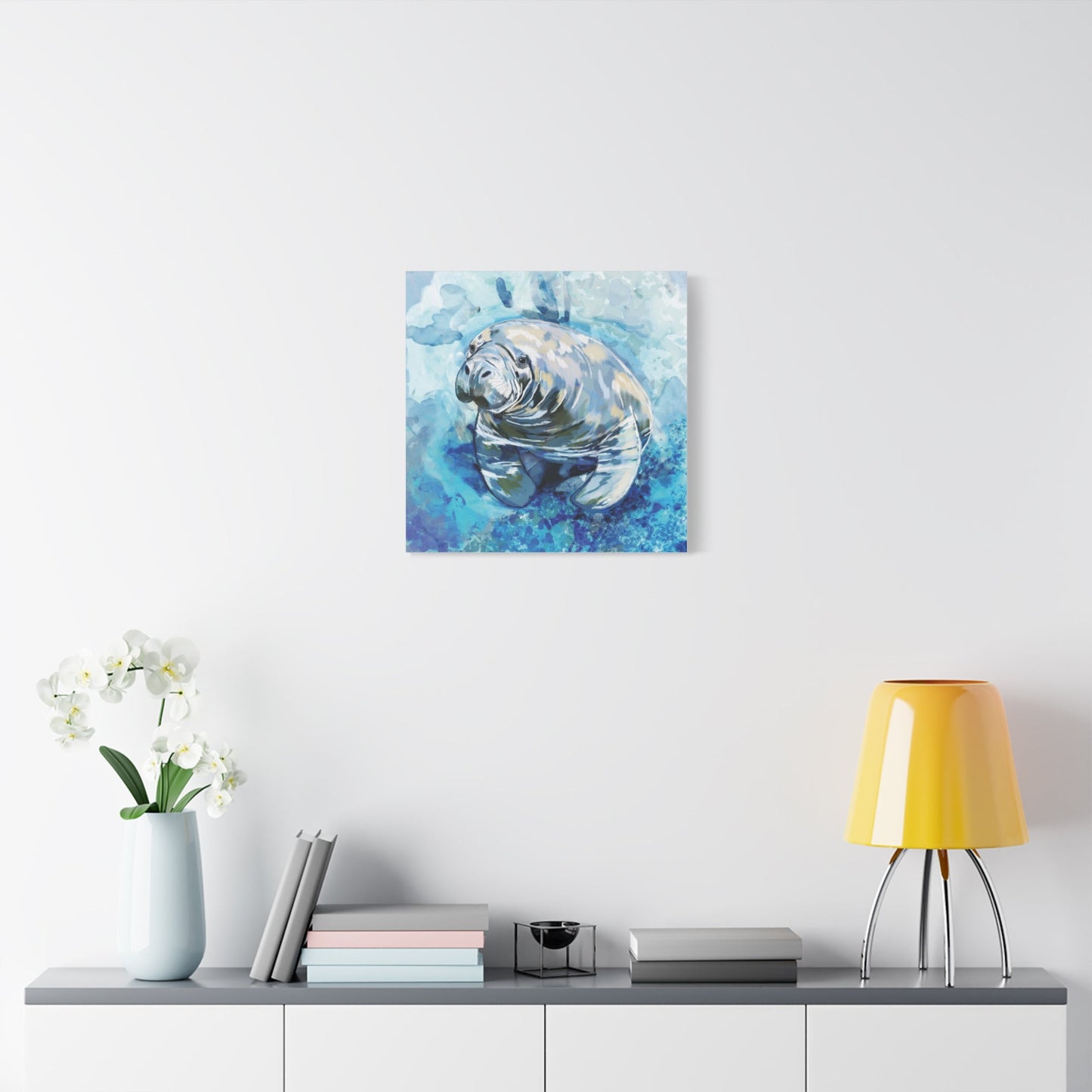 Watercolor Manatee Canvas Art - Beach House Decor - Blue Cava