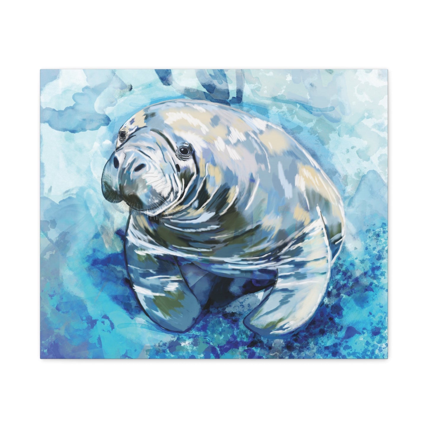 Watercolor Manatee Canvas Art - Beach House Decor - Blue Cava
