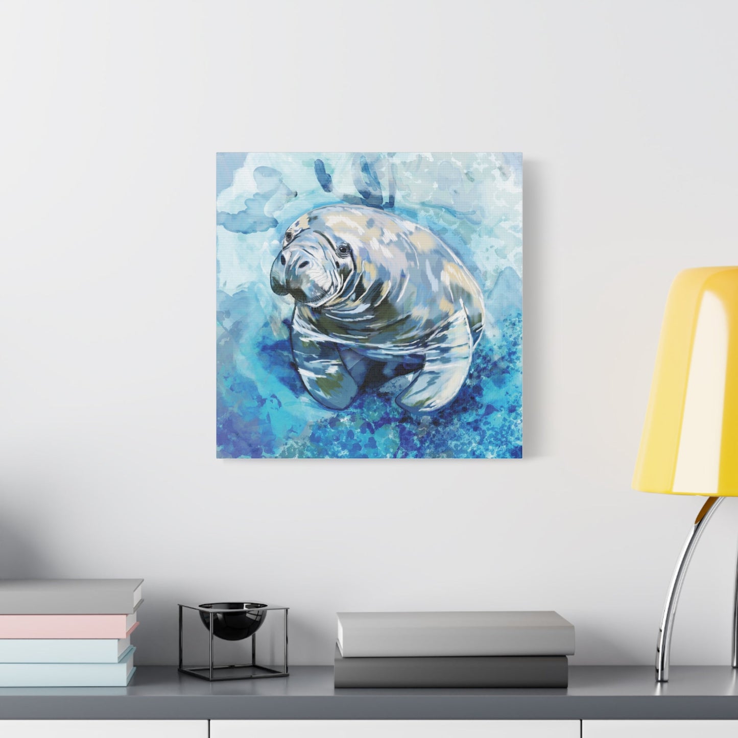 Watercolor Manatee Canvas Art - Beach House Decor - Blue Cava