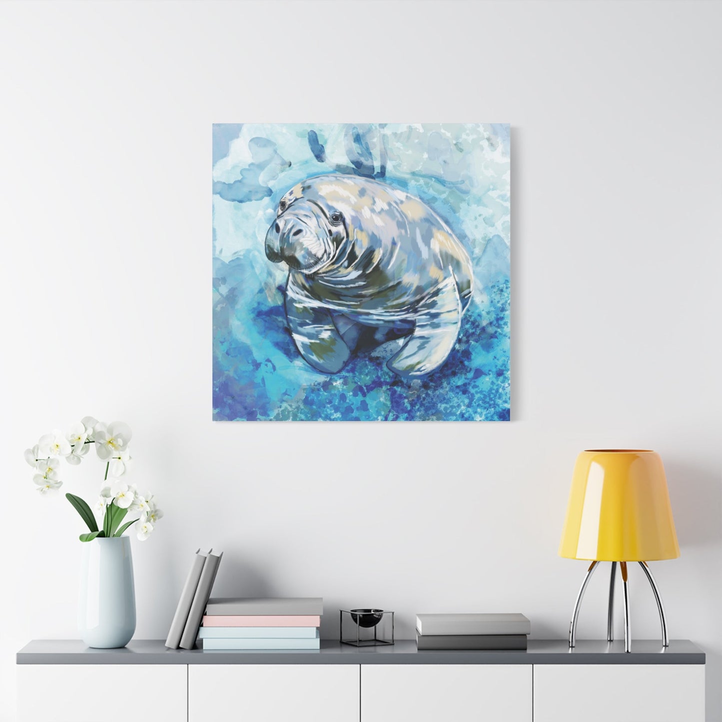 Watercolor Manatee Canvas Art - Beach House Decor - Blue Cava