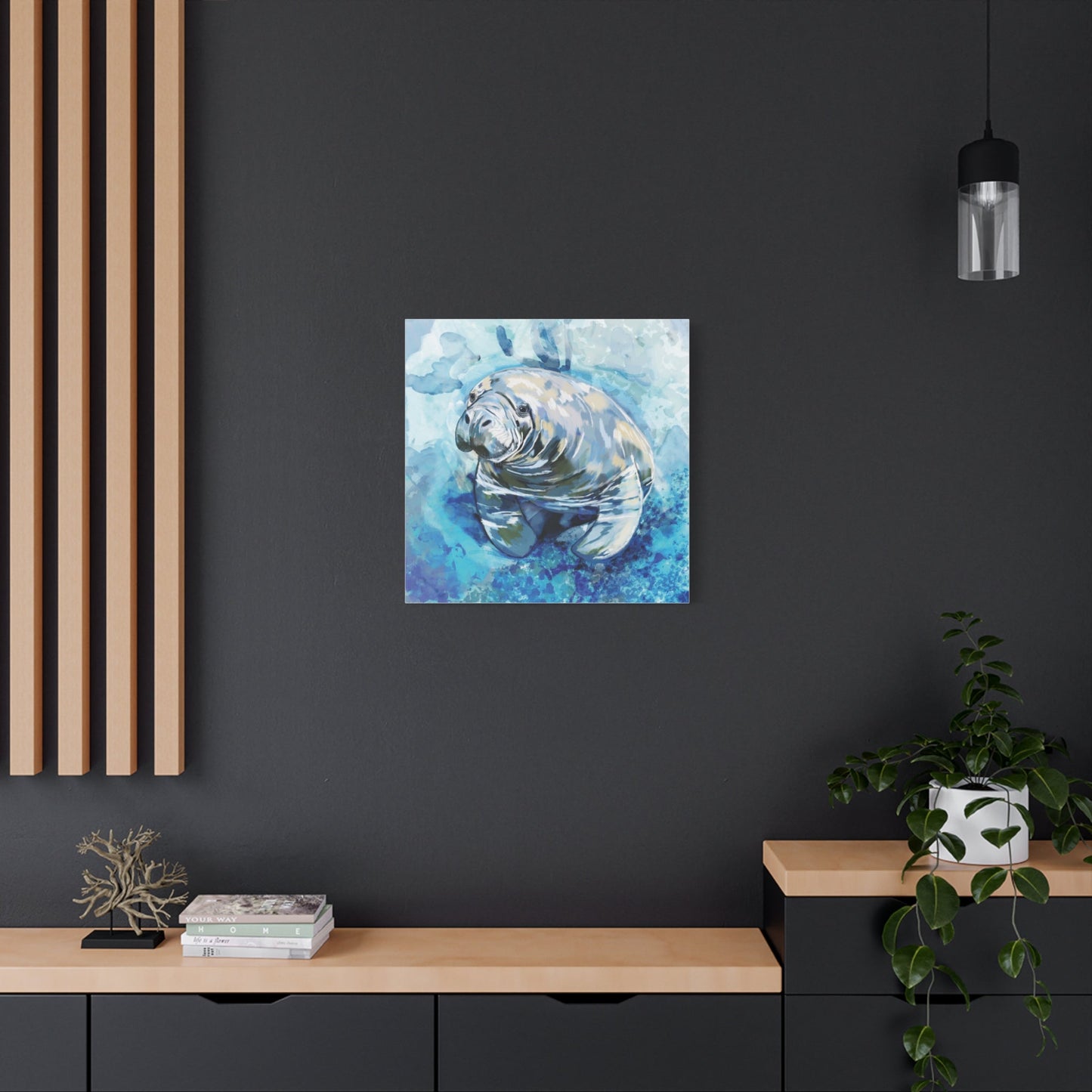 Watercolor Manatee Canvas Art - Beach House Decor - Blue Cava