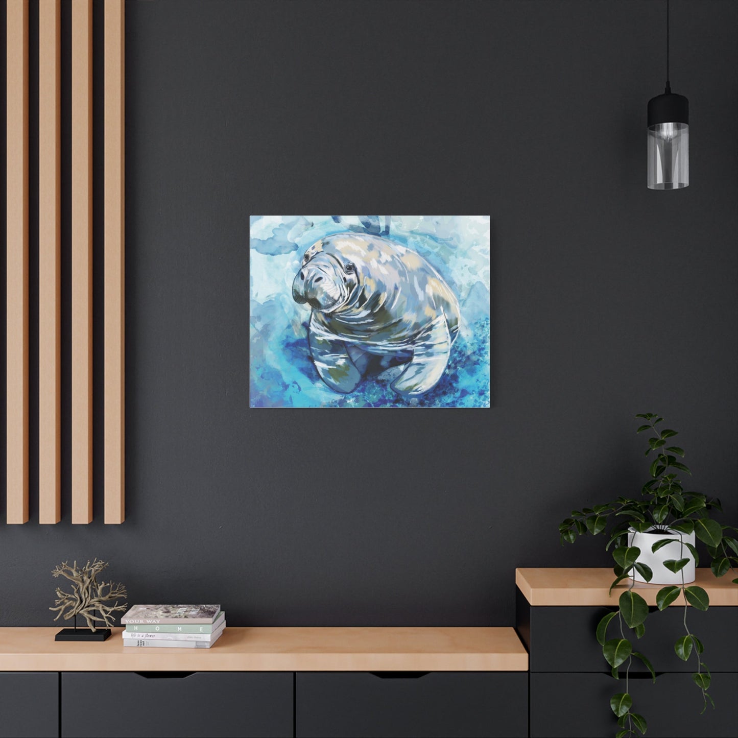 Watercolor Manatee Canvas Art - Beach House Decor - Blue Cava