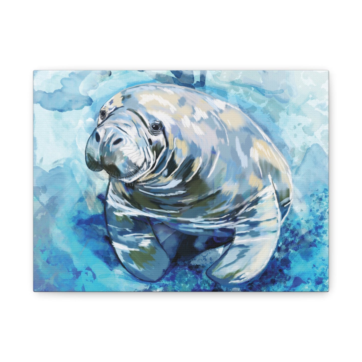 Watercolor Manatee Canvas Art - Beach House Decor - Blue Cava