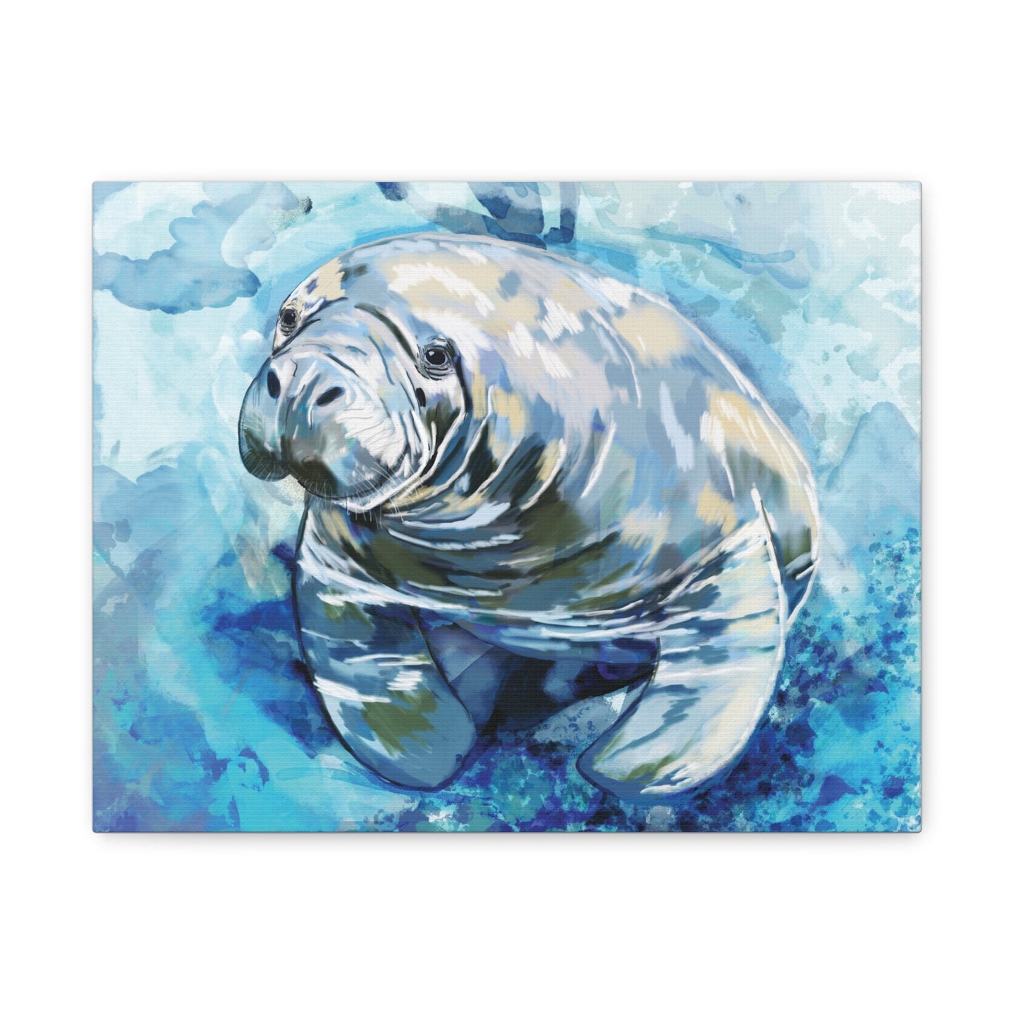 Watercolor Manatee Canvas Art - Beach House Decor - Blue Cava