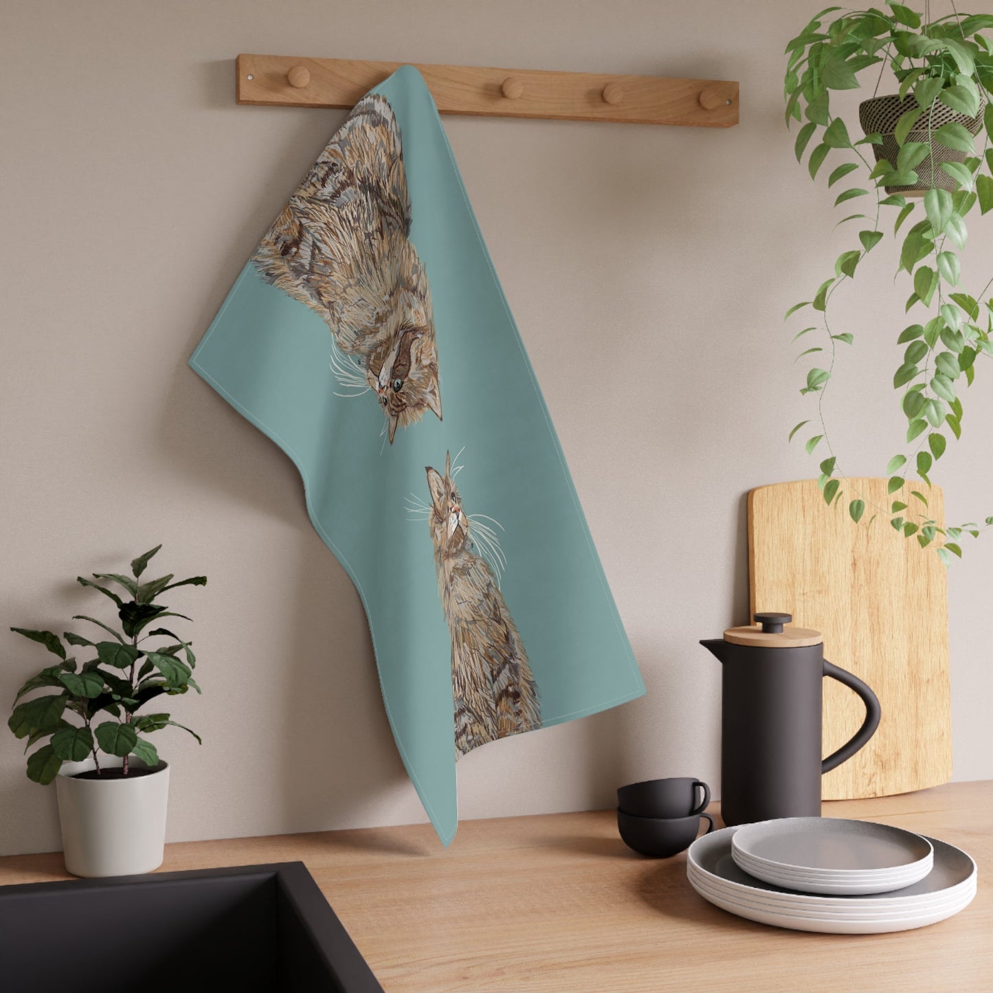 Whimsical Cat Kitchen Tea Towels - Blue Cava