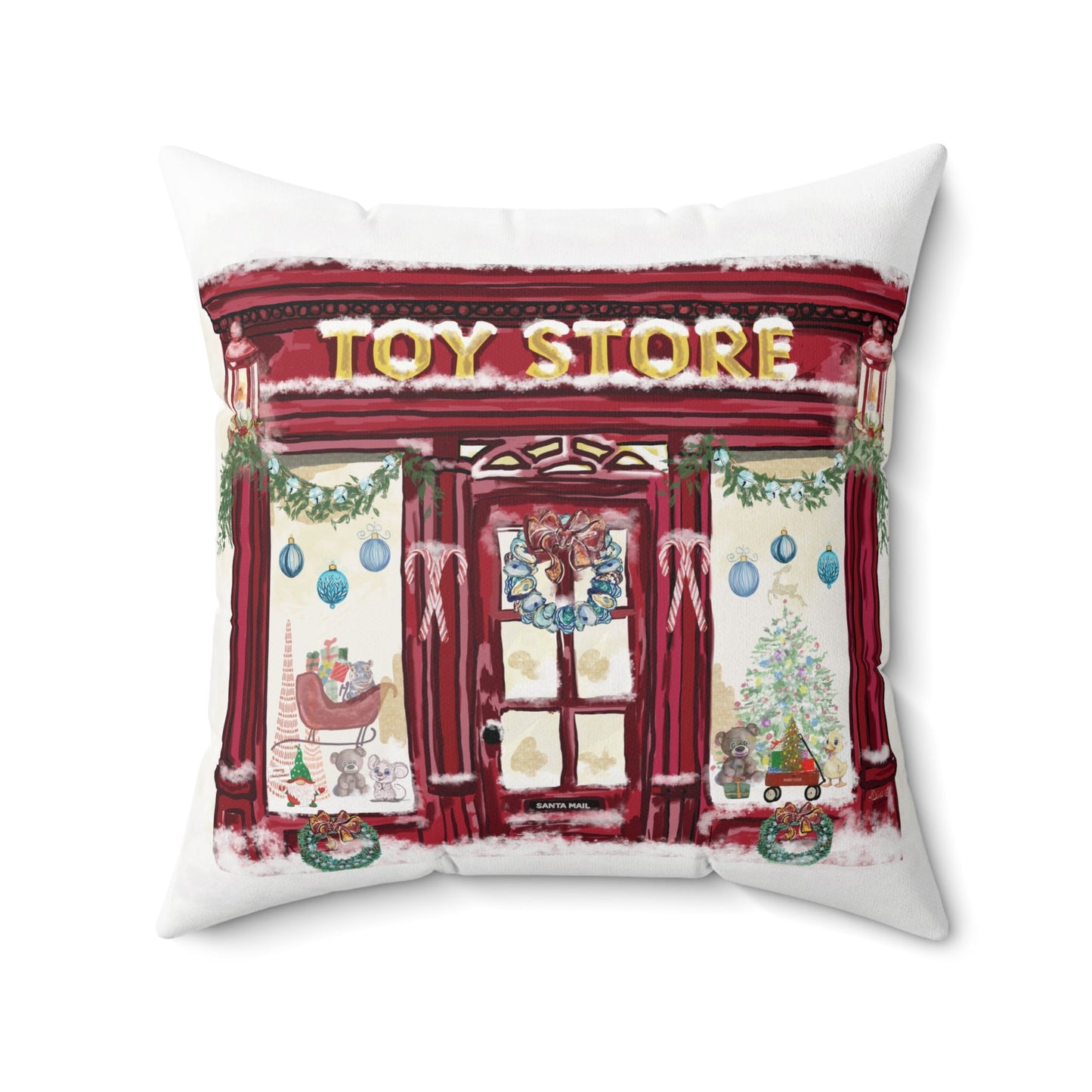 Whimsical Christmas Toy Store Throw Pillow - Multiple Sizes - Blue Cava