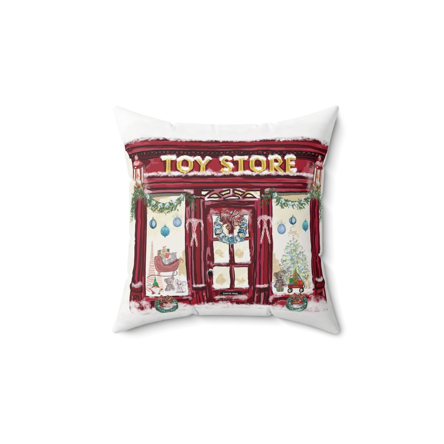 Whimsical Christmas Toy Store Throw Pillow - Multiple Sizes - Blue Cava