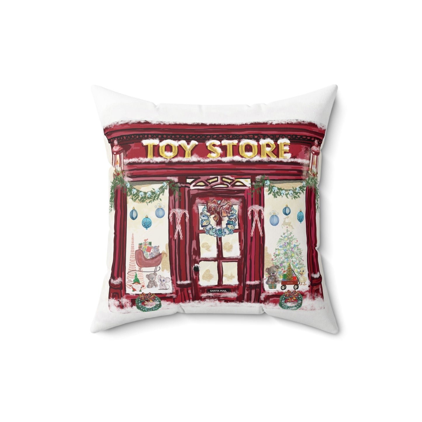 Whimsical Christmas Toy Store Throw Pillow - Multiple Sizes - Blue Cava