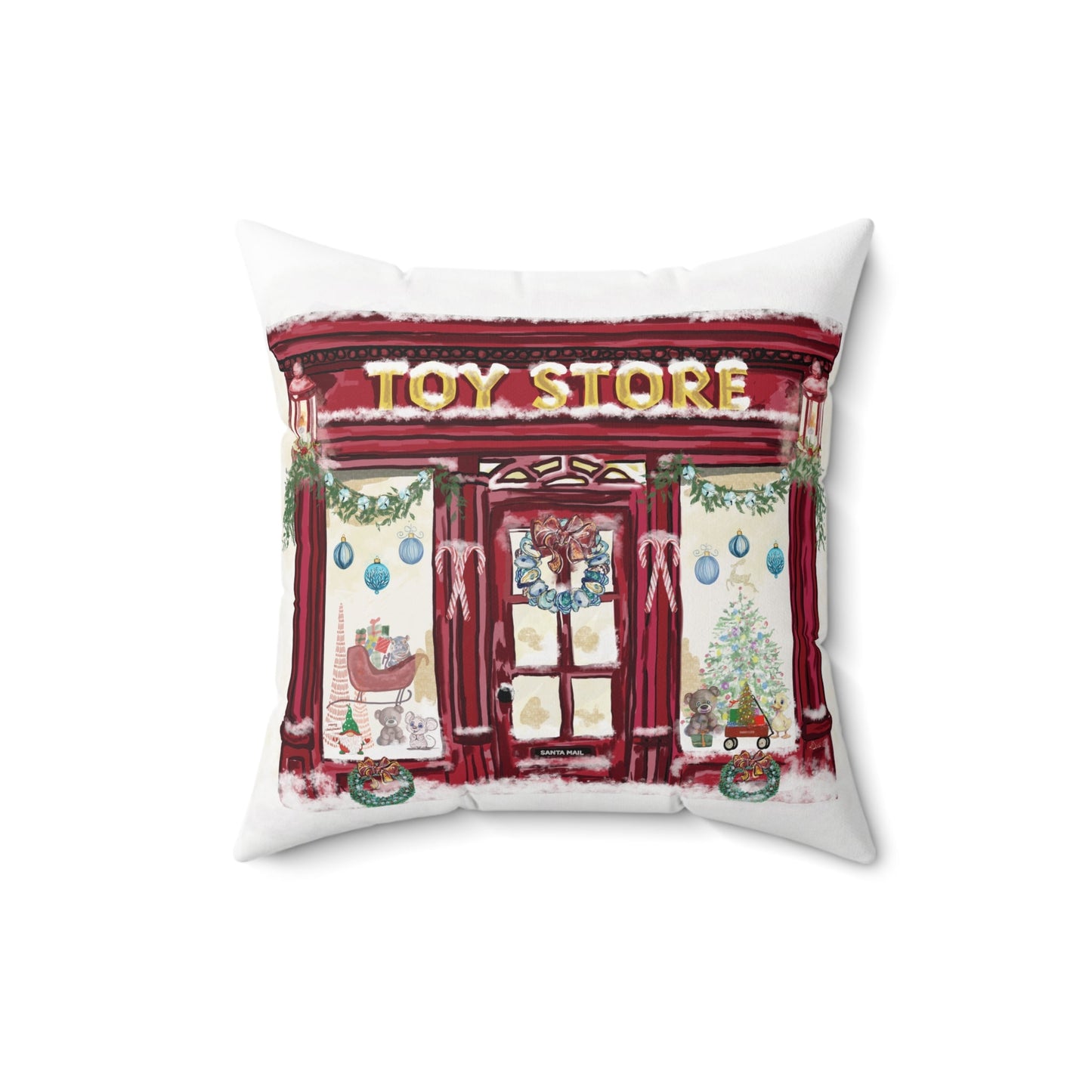 Whimsical Christmas Toy Store Throw Pillow - Multiple Sizes - Blue Cava
