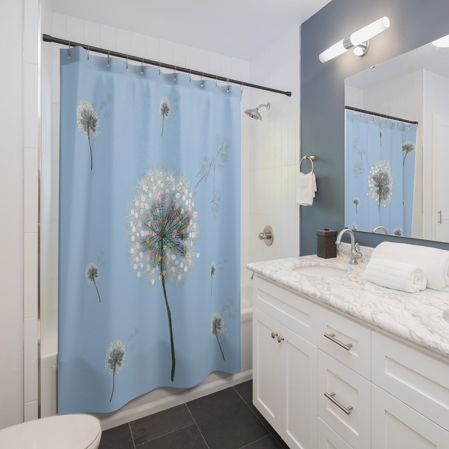 Whimsical Dandelion Shower Curtain - Brighten Your Bathroom Decor - Blue Cava