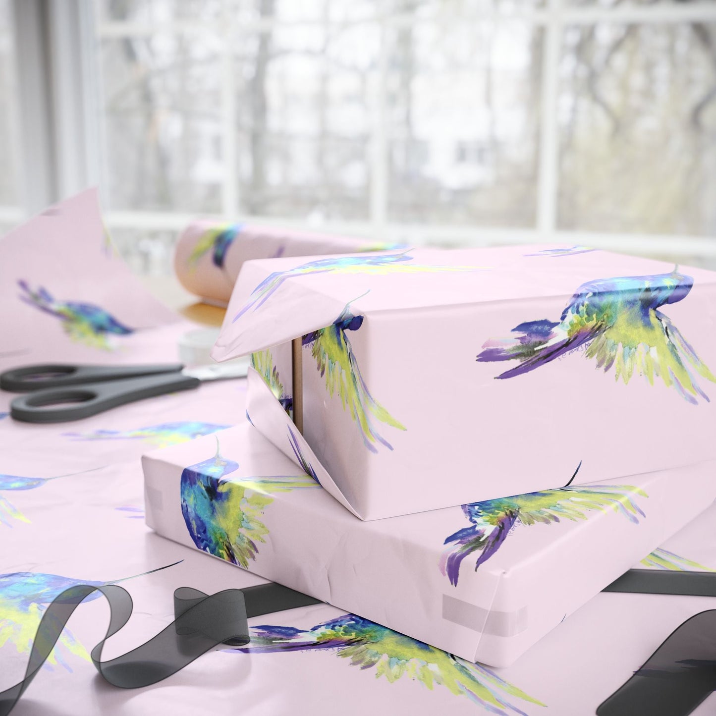 Whimsical Hummingbird Wrapping Paper | Eco - Friendly Wrap - Blue Cava
