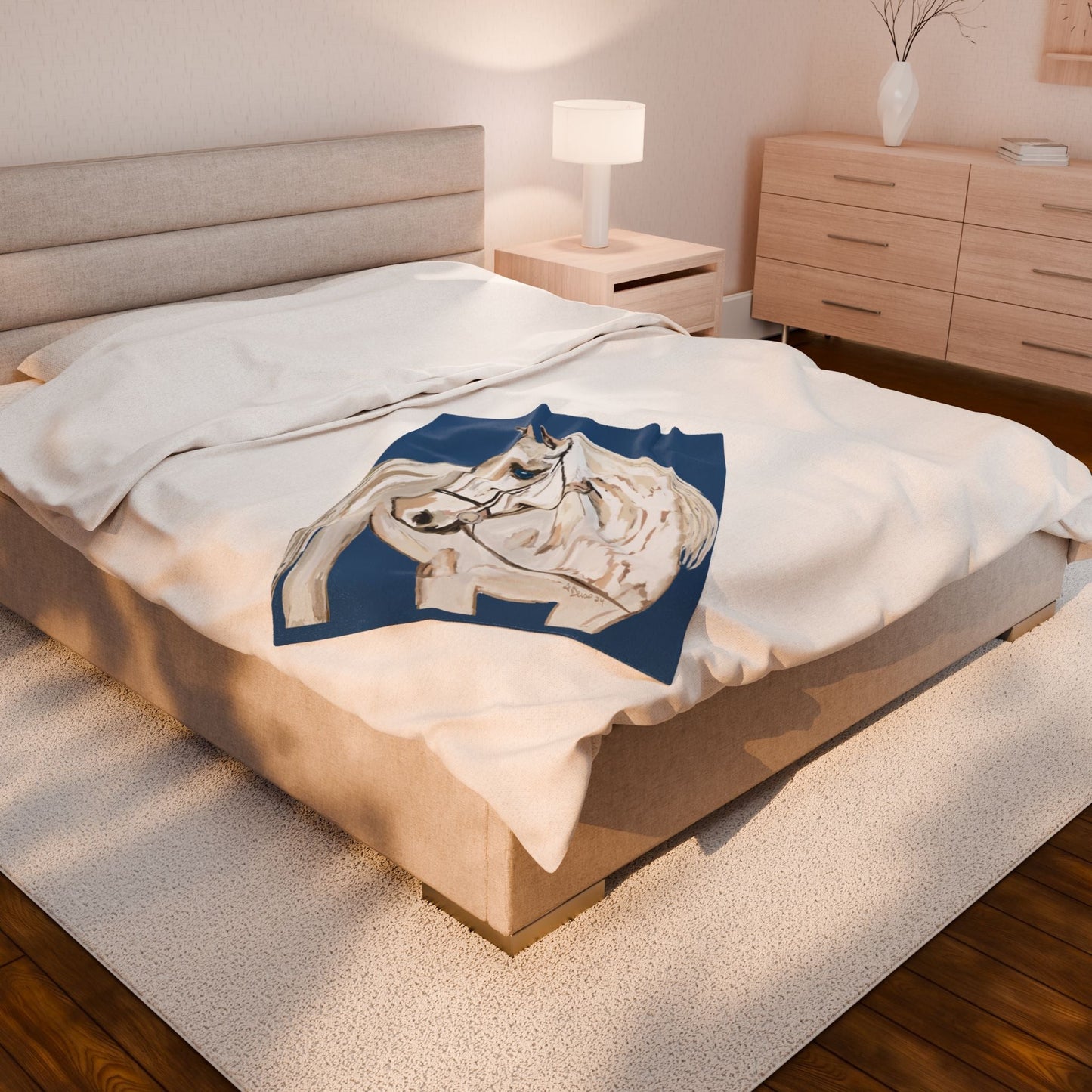 White Horse Velveteen Plush Blankets - Equine - Blue Cava