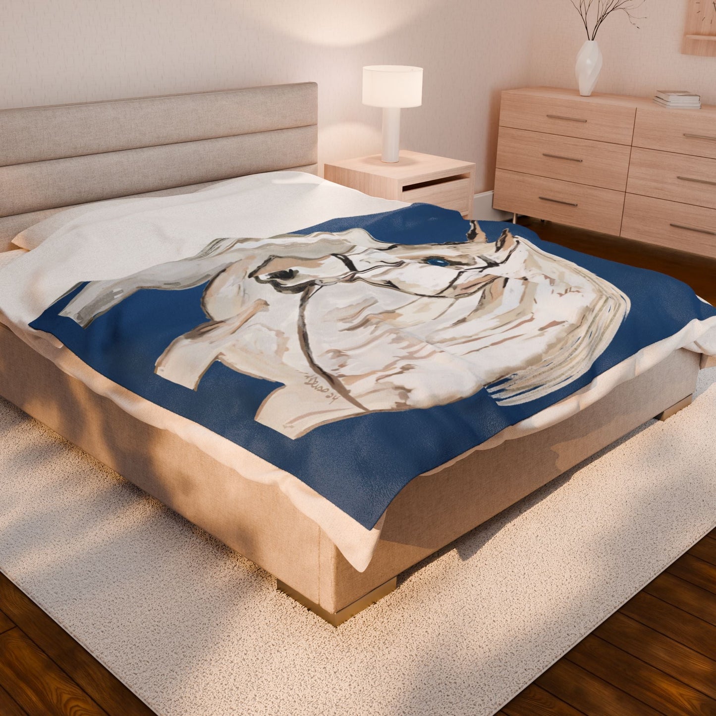 White Horse Velveteen Plush Blankets - Equine - Blue Cava