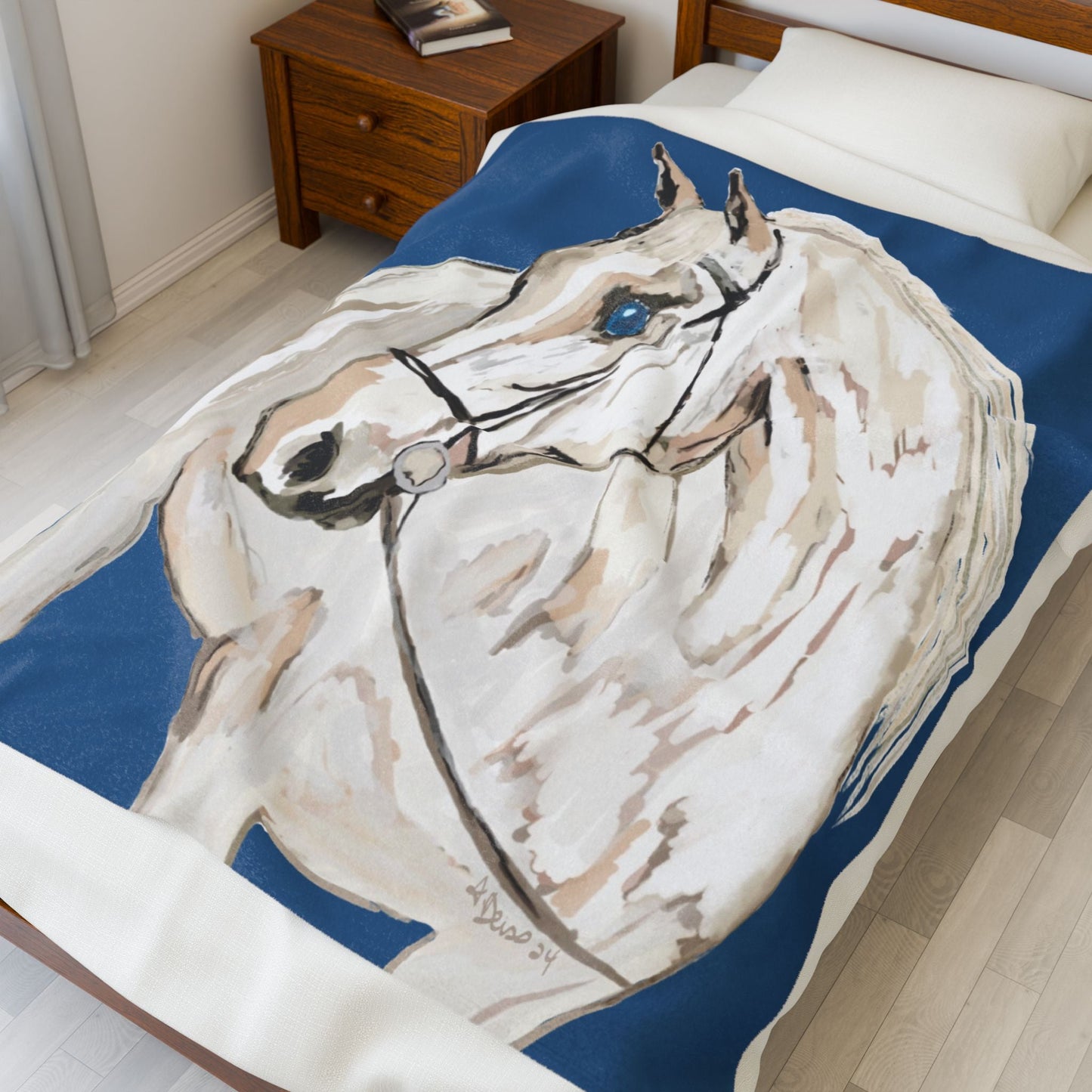 White Horse Velveteen Plush Blankets - Equine - Blue Cava