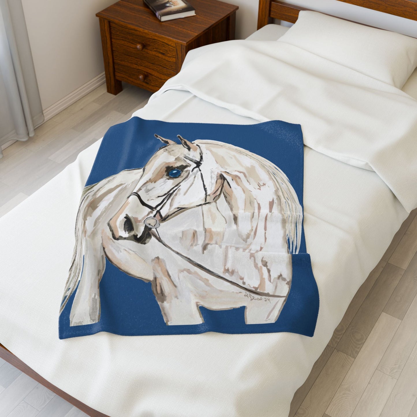White Horse Velveteen Plush Blankets - Equine - Blue Cava