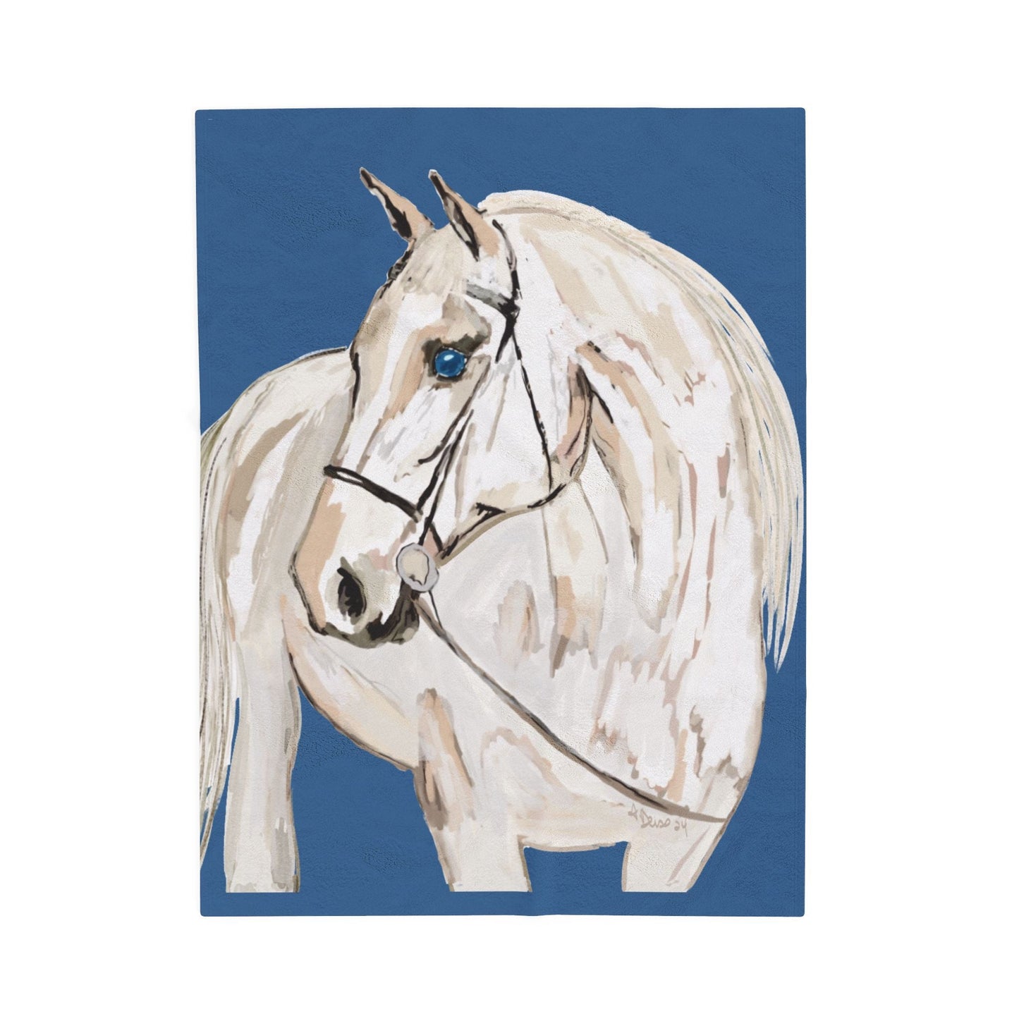 White Horse Velveteen Plush Blankets - Equine - Blue Cava