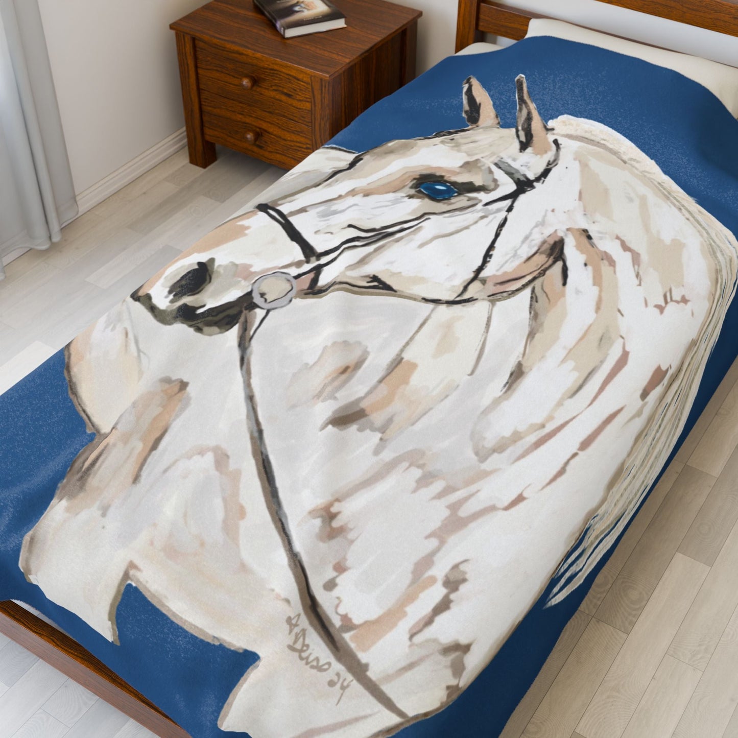 White Horse Velveteen Plush Blankets - Equine - Blue Cava