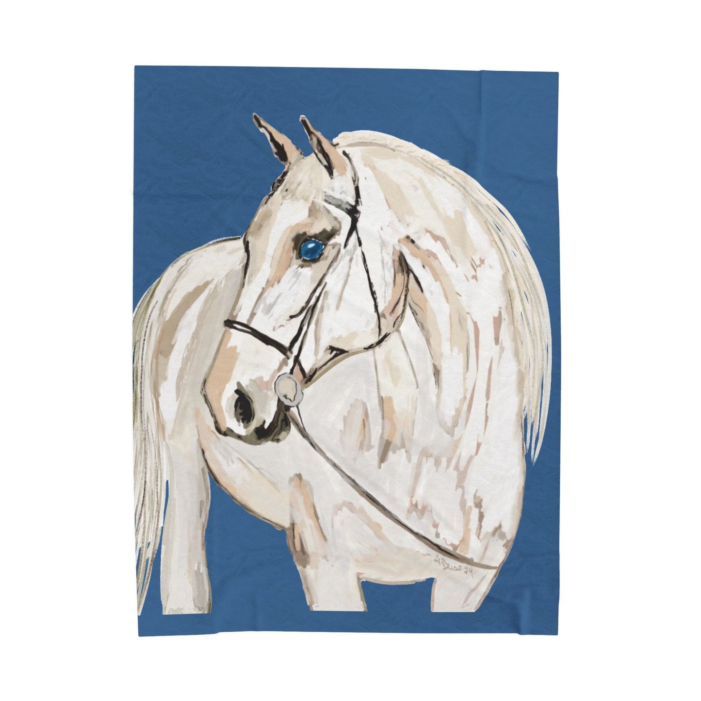 White Horse Velveteen Plush Blankets - Equine - Blue Cava
