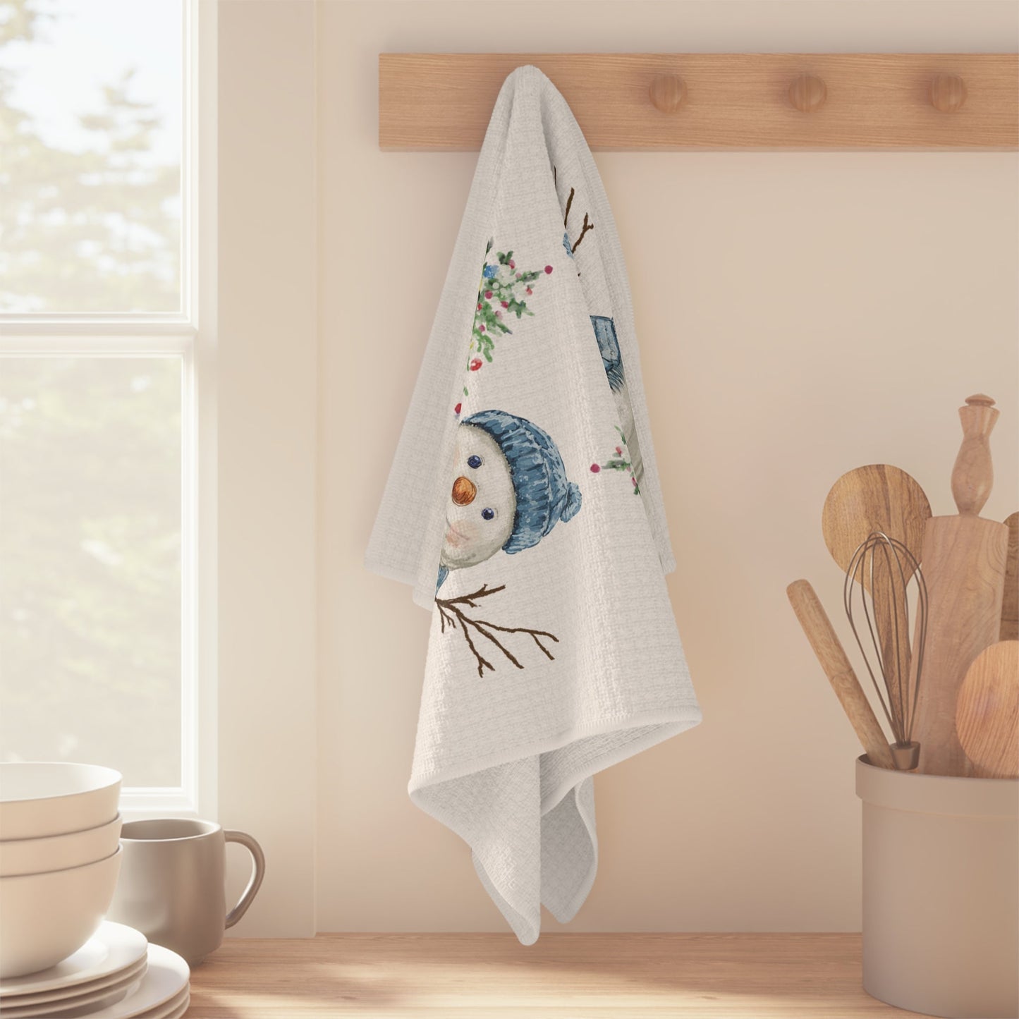 Winter Wonderland Snowman Microfiber Waffle Towel, Holiday Kitchen Decor - Blue Cava