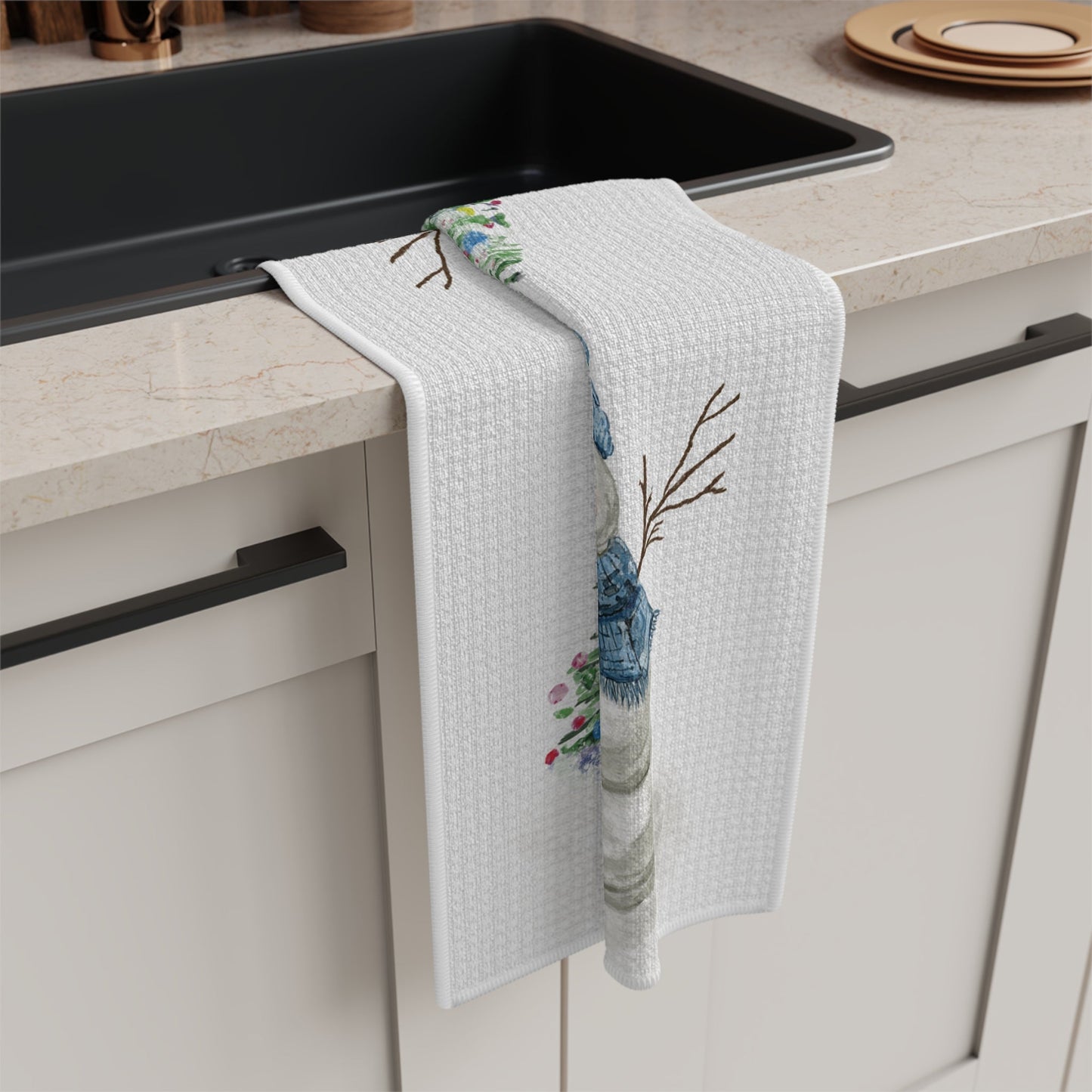 Winter Wonderland Snowman Microfiber Waffle Towel, Holiday Kitchen Decor - Blue Cava