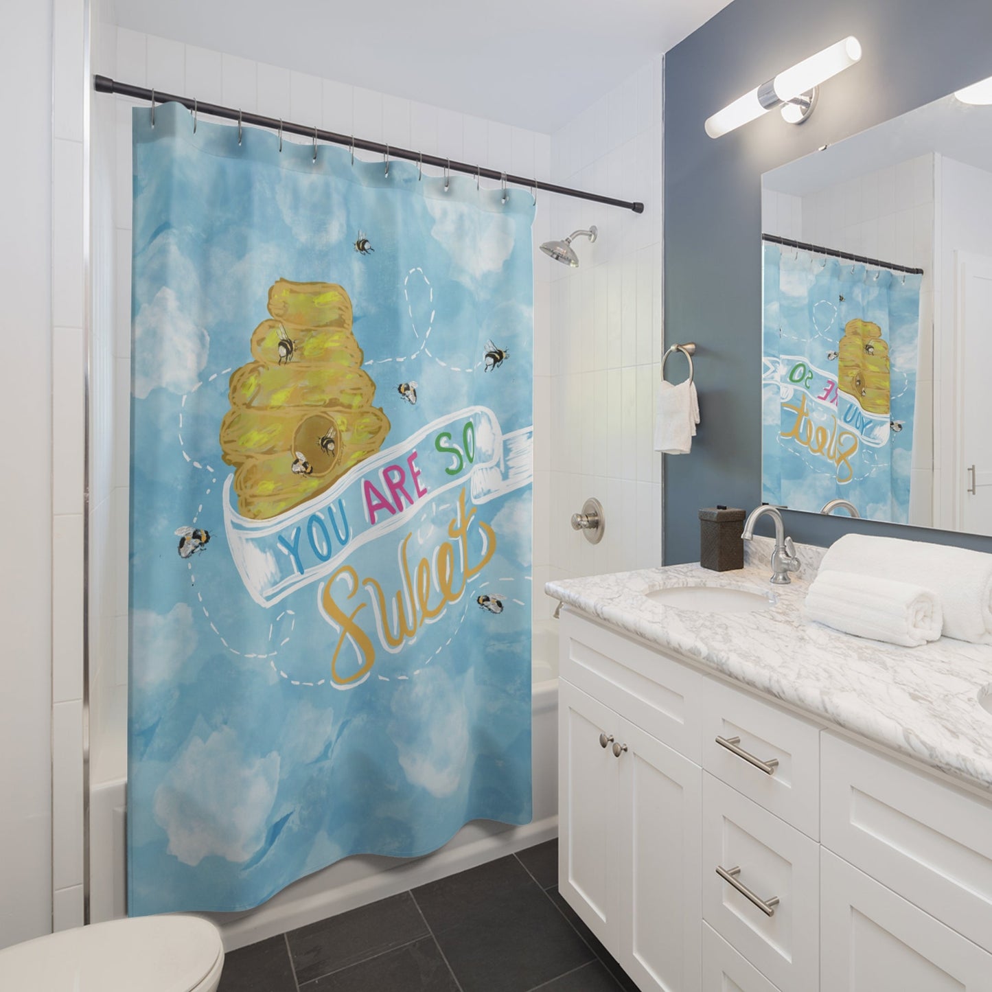 You Are So Sweet Honey Bee Shower Curtain – Fun and Whimsical Bathroom Decor - Blue Cava