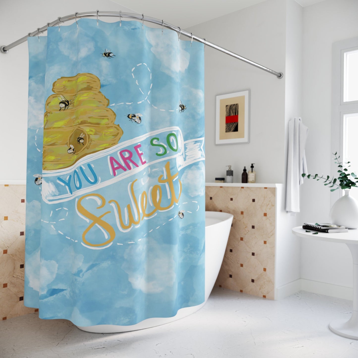 You Are So Sweet Honey Bee Shower Curtain – Fun and Whimsical Bathroom Decor - Blue Cava