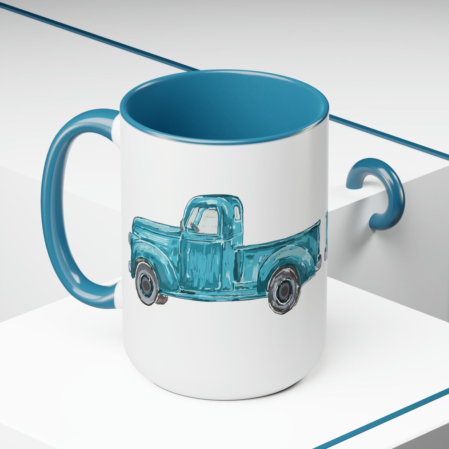 Antique Truck Two-Tone Coffee Mugs, 15oz - Blue Cava