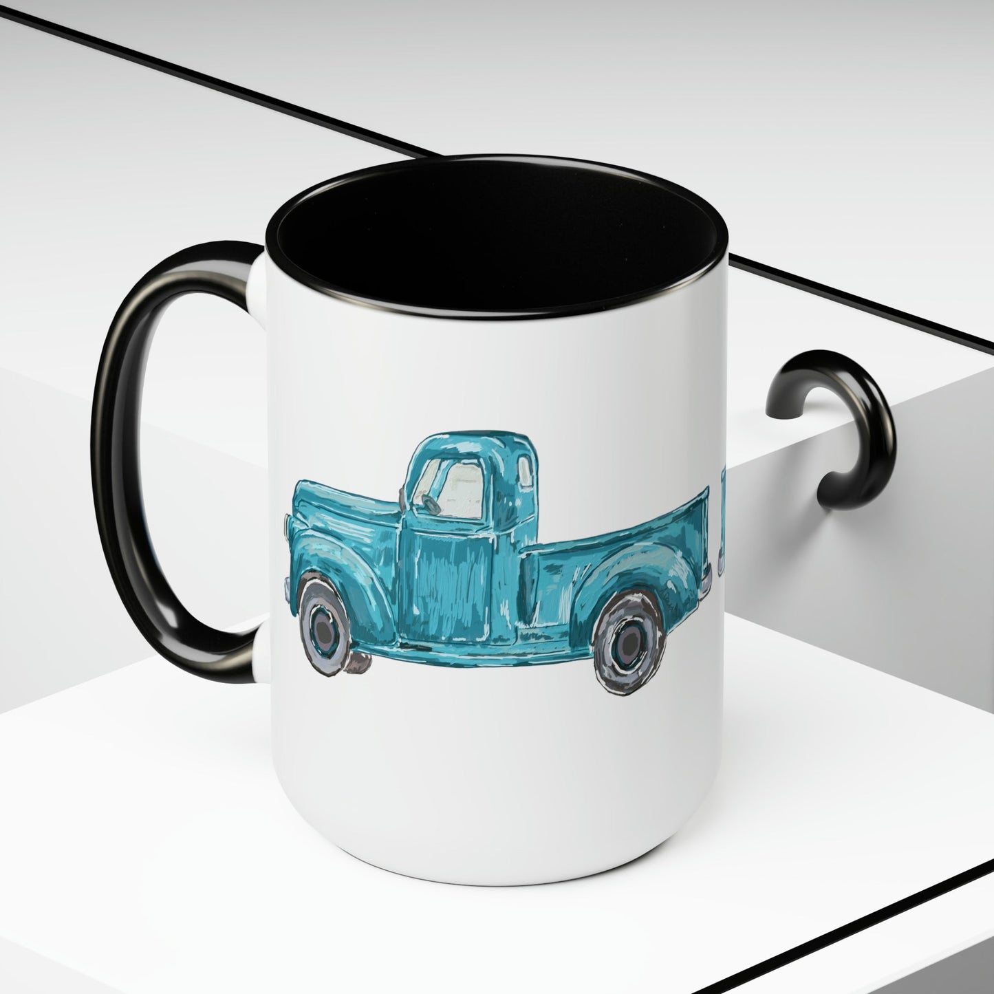 Antique Truck Two-Tone Coffee Mugs, 15oz - Blue Cava