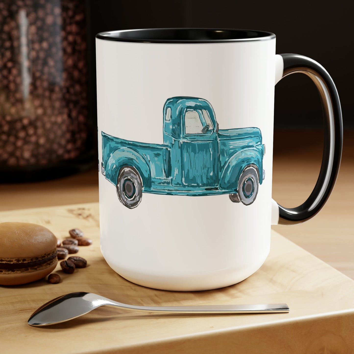 Antique Truck Two-Tone Coffee Mugs, 15oz - Blue Cava