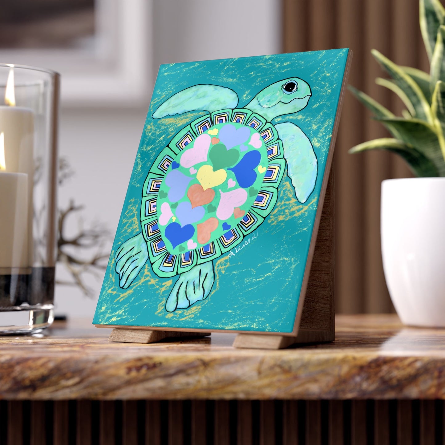 Love Sea Turtle Ceramic Tile - Blue Cava