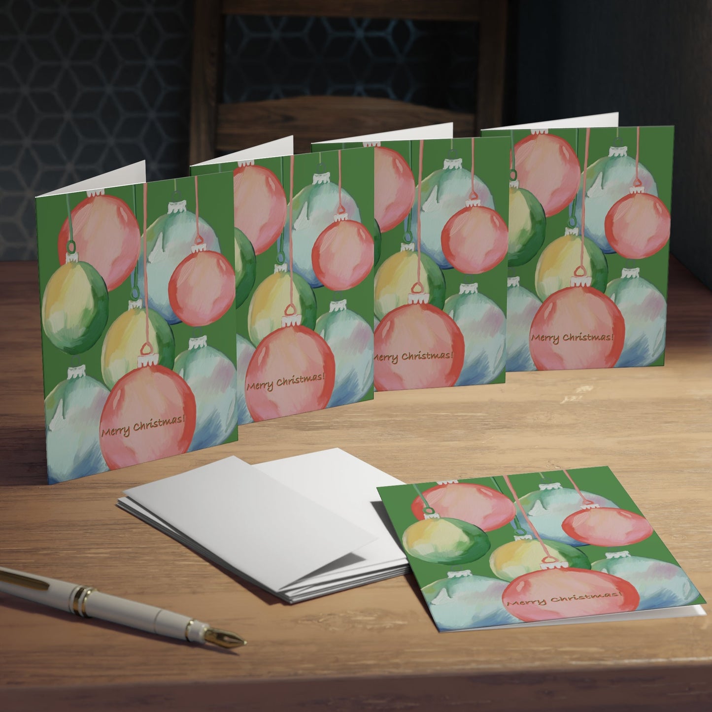 Merry Christmas Balls Greeting Cards (5-Pack) - Blue Cava
