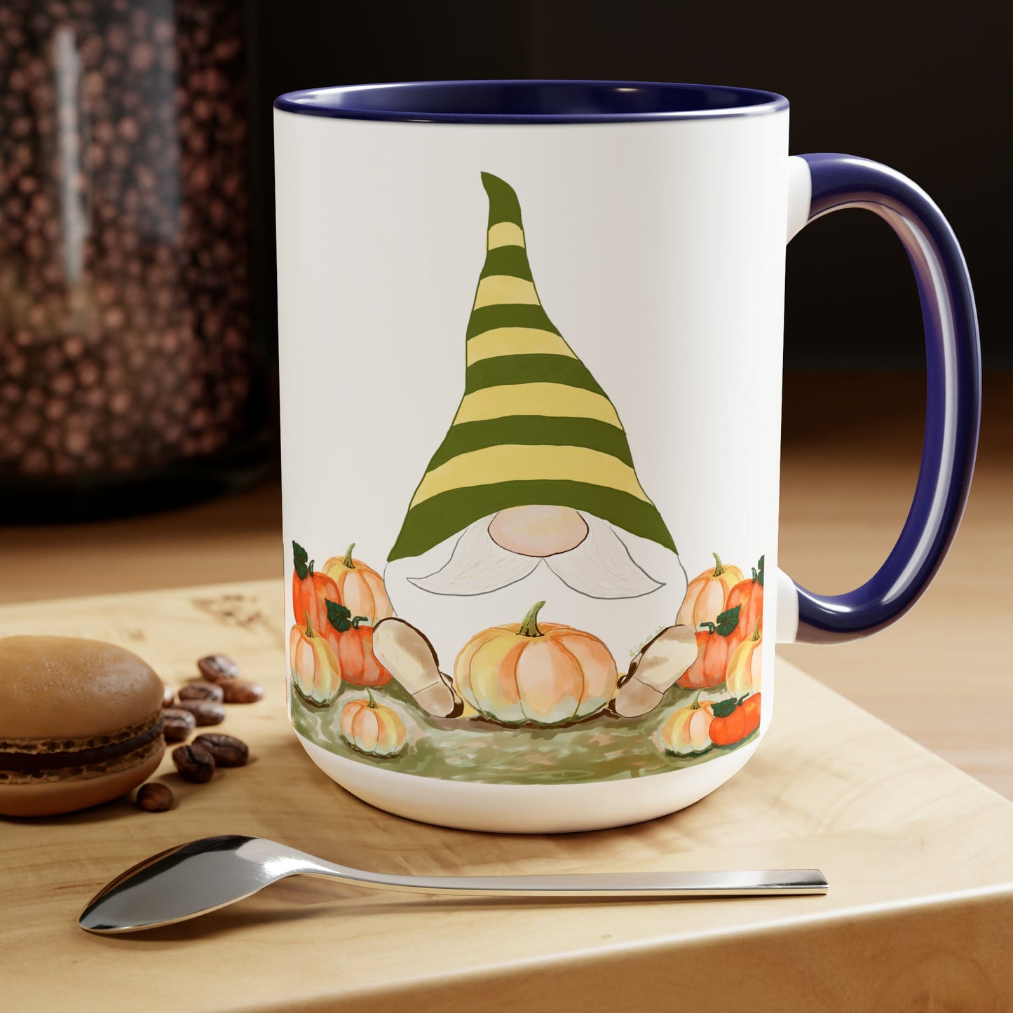 “Sawyer” Fall Gnome Two-Tone Coffee Mugs, 15oz - Blue Cava