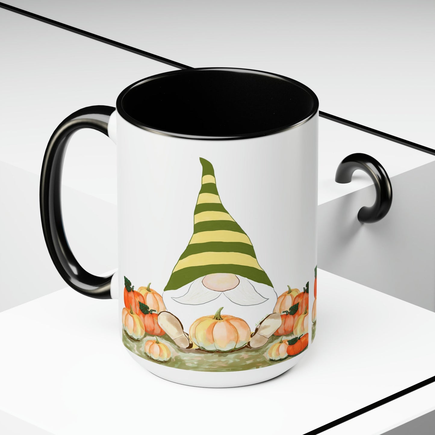 “Sawyer” Fall Gnome Two-Tone Coffee Mugs, 15oz - Blue Cava