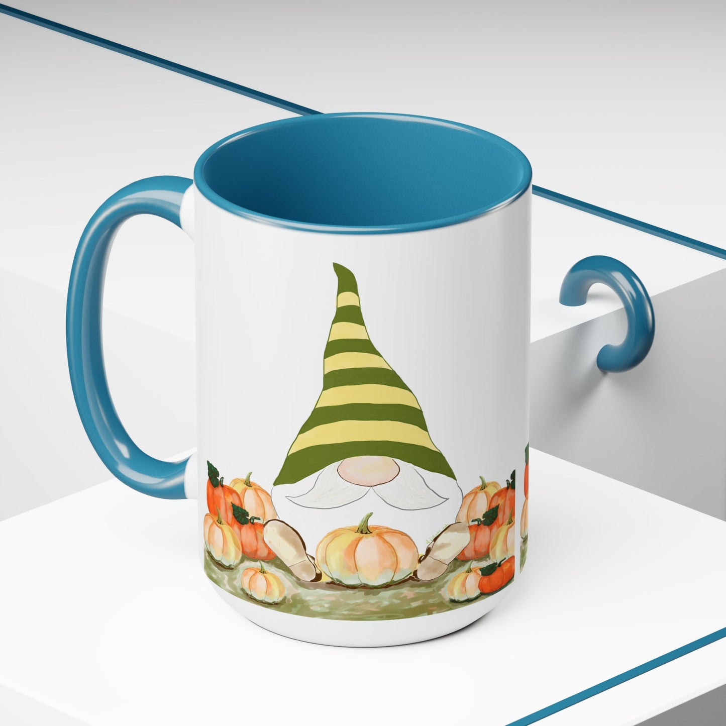 “Sawyer” Fall Gnome Two-Tone Coffee Mugs, 15oz - Blue Cava