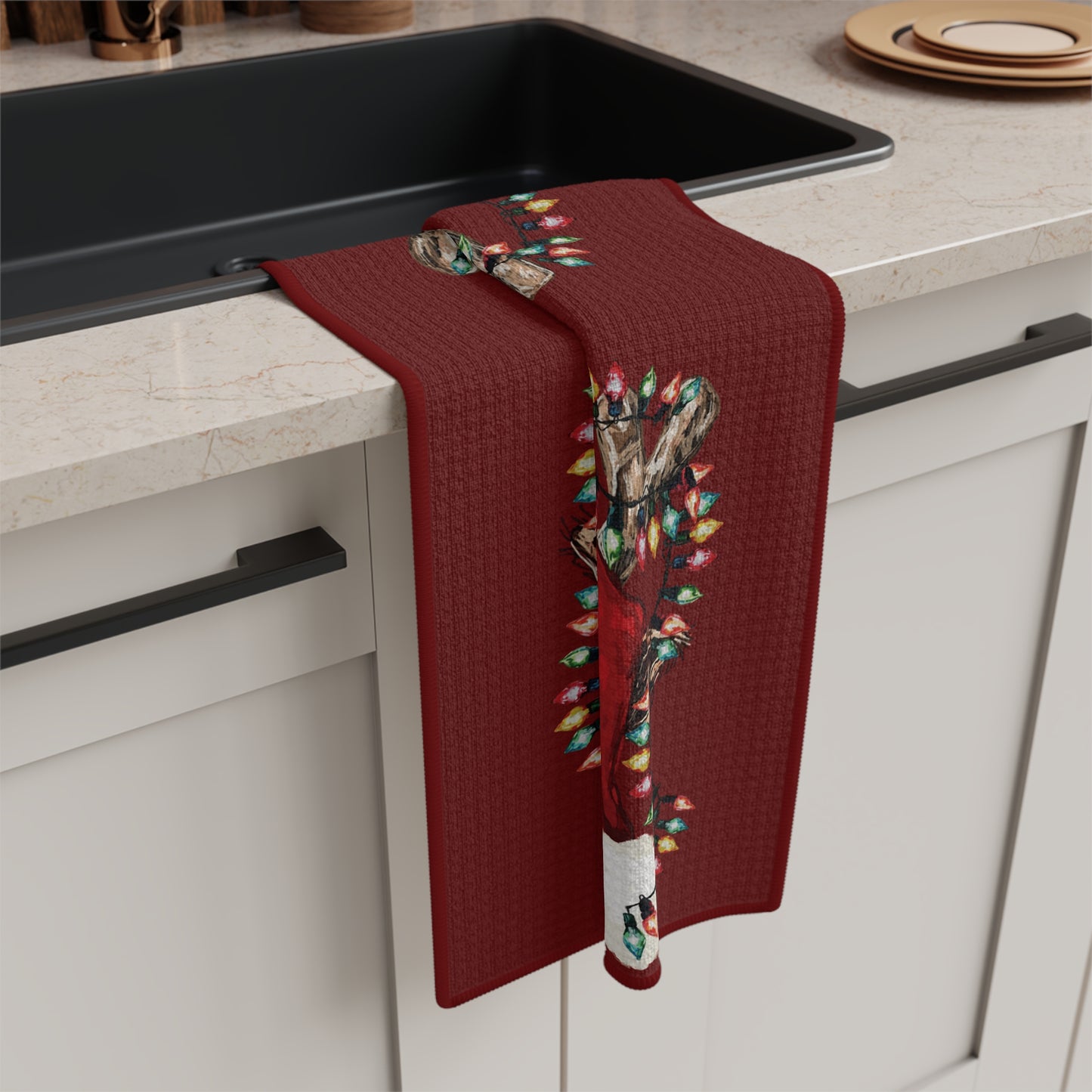 Cheerful Christmas Reindeer Microfiber Waffle Kitchen Towel