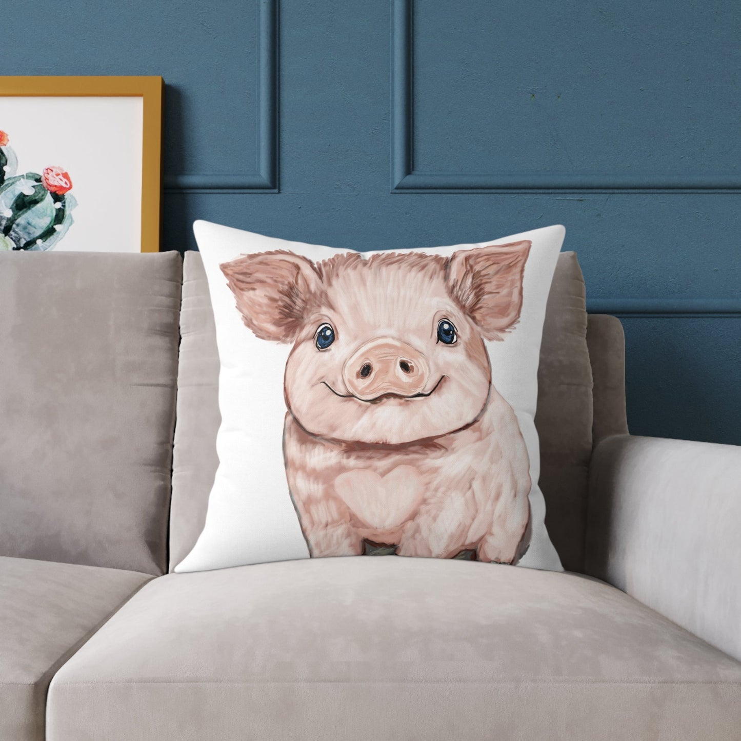 Adorable Piglet Square Pillow, Farmhouse Decor - 16”, 18”, 20” 24” & 26” - Blue Cava