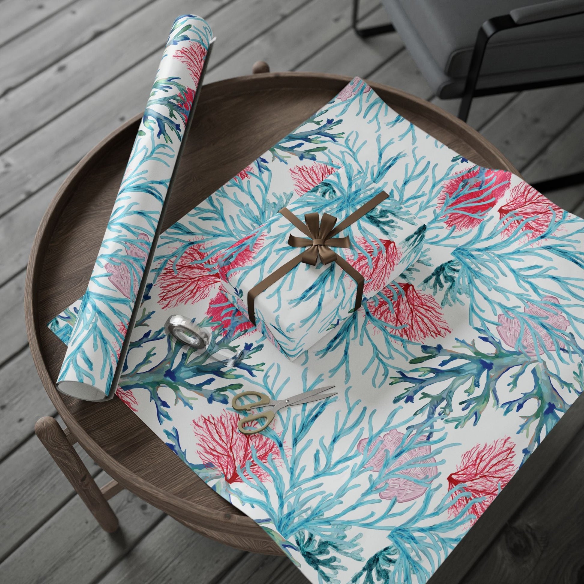 Aquatic Coral Wrapping Paper - Vibrant Coral Design for Gifting - Blue Cava