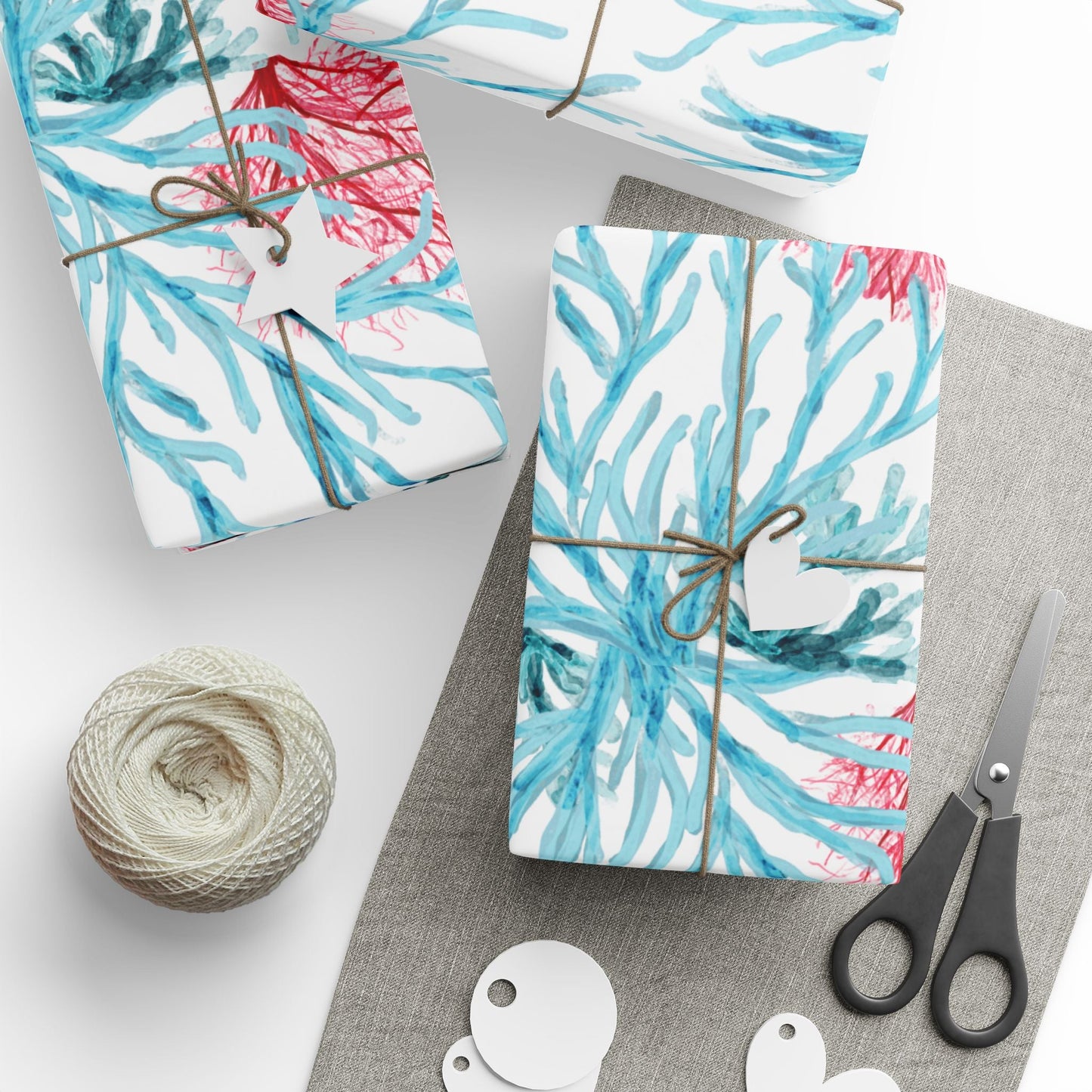 Aquatic Coral Wrapping Paper - Vibrant Coral Design for Gifting - Blue Cava