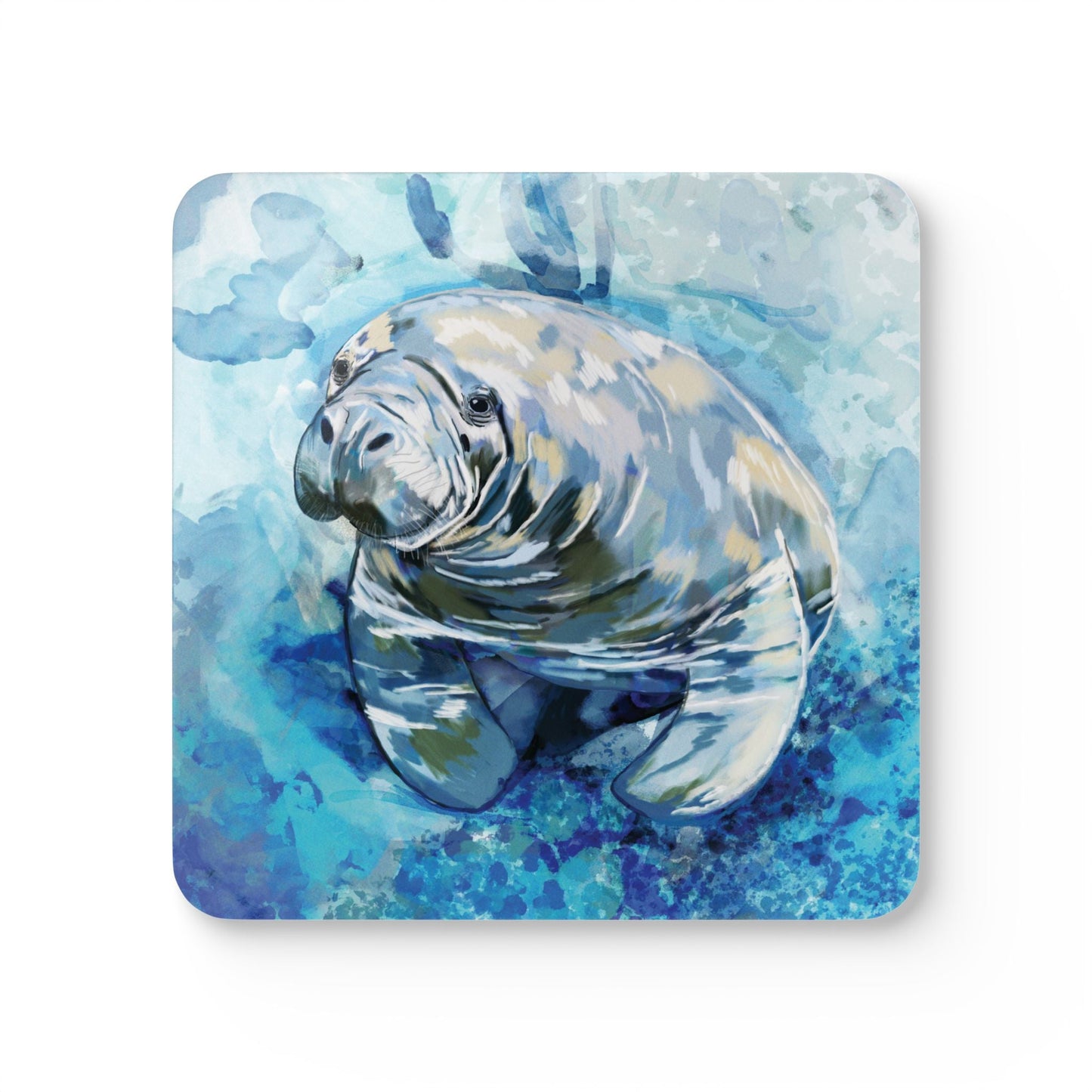 Artistic Manatee Cork Coaster Set | Nautical Home Decor, Eco - Friendly Tableware - Blue Cava