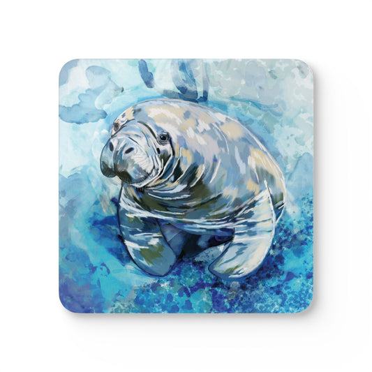 Artistic Manatee Cork Coaster Set | Nautical Home Decor, Eco - Friendly Tableware - Blue Cava