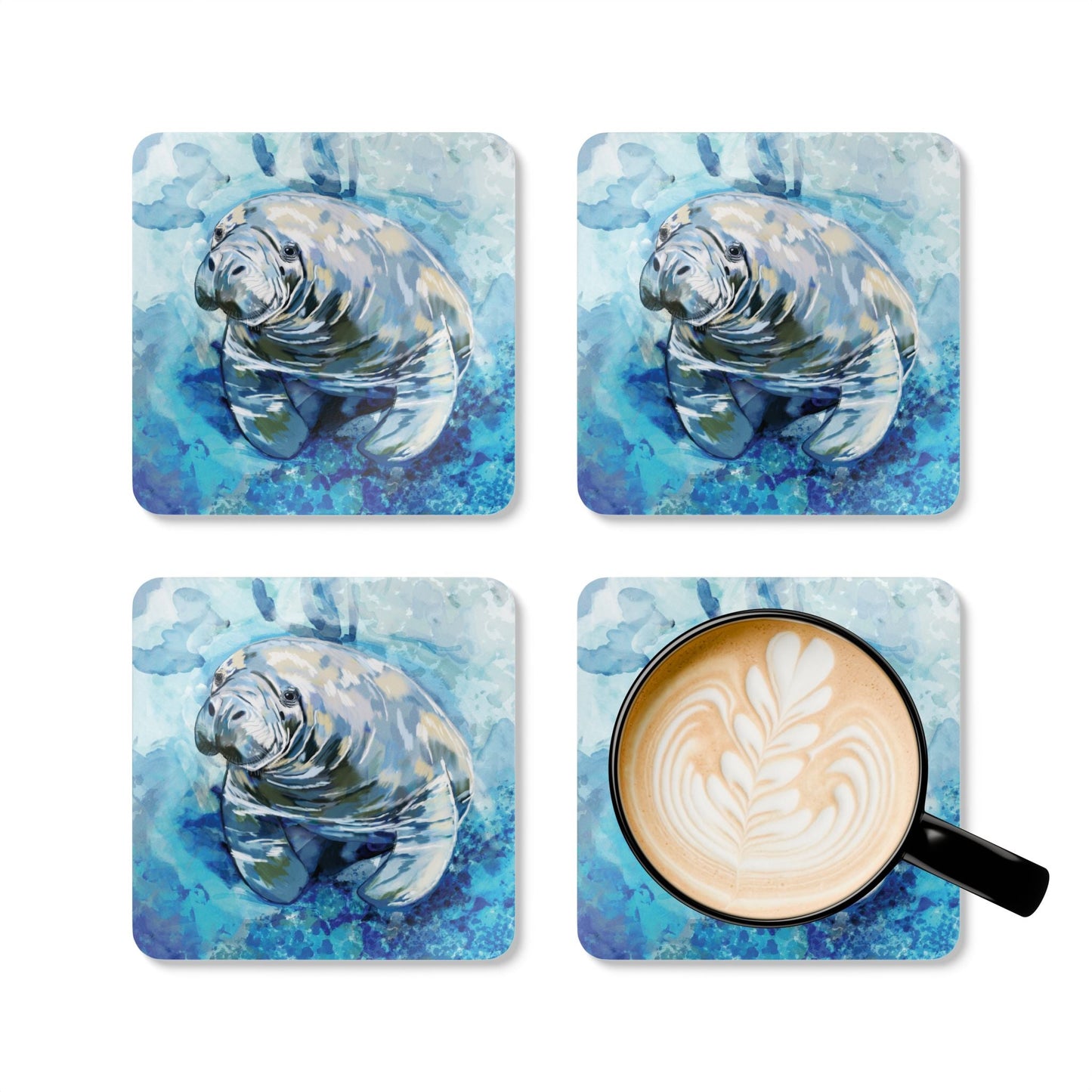 Artistic Manatee Cork Coaster Set | Nautical Home Decor, Eco - Friendly Tableware - Blue Cava