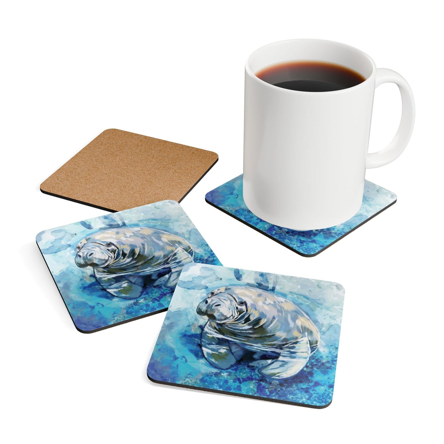 Artistic Manatee Cork Coaster Set | Nautical Home Decor, Eco - Friendly Tableware - Blue Cava