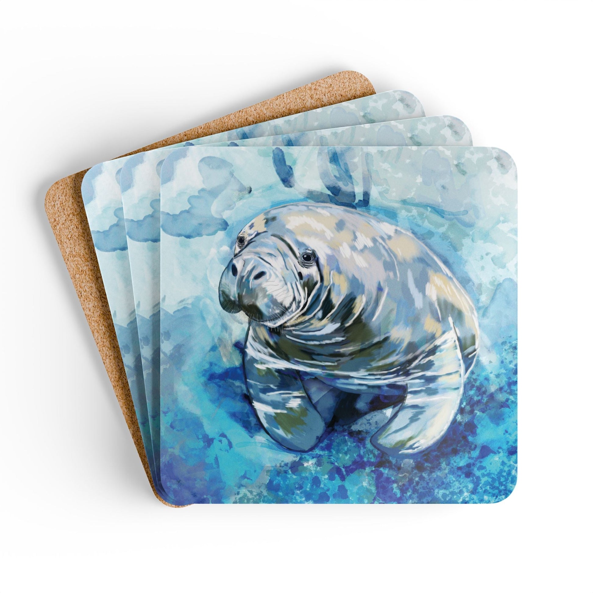 Artistic Manatee Cork Coaster Set | Nautical Home Decor, Eco - Friendly Tableware - Blue Cava