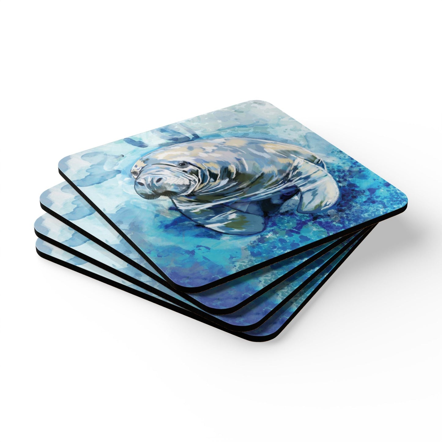 Artistic Manatee Cork Coaster Set | Nautical Home Decor, Eco - Friendly Tableware - Blue Cava