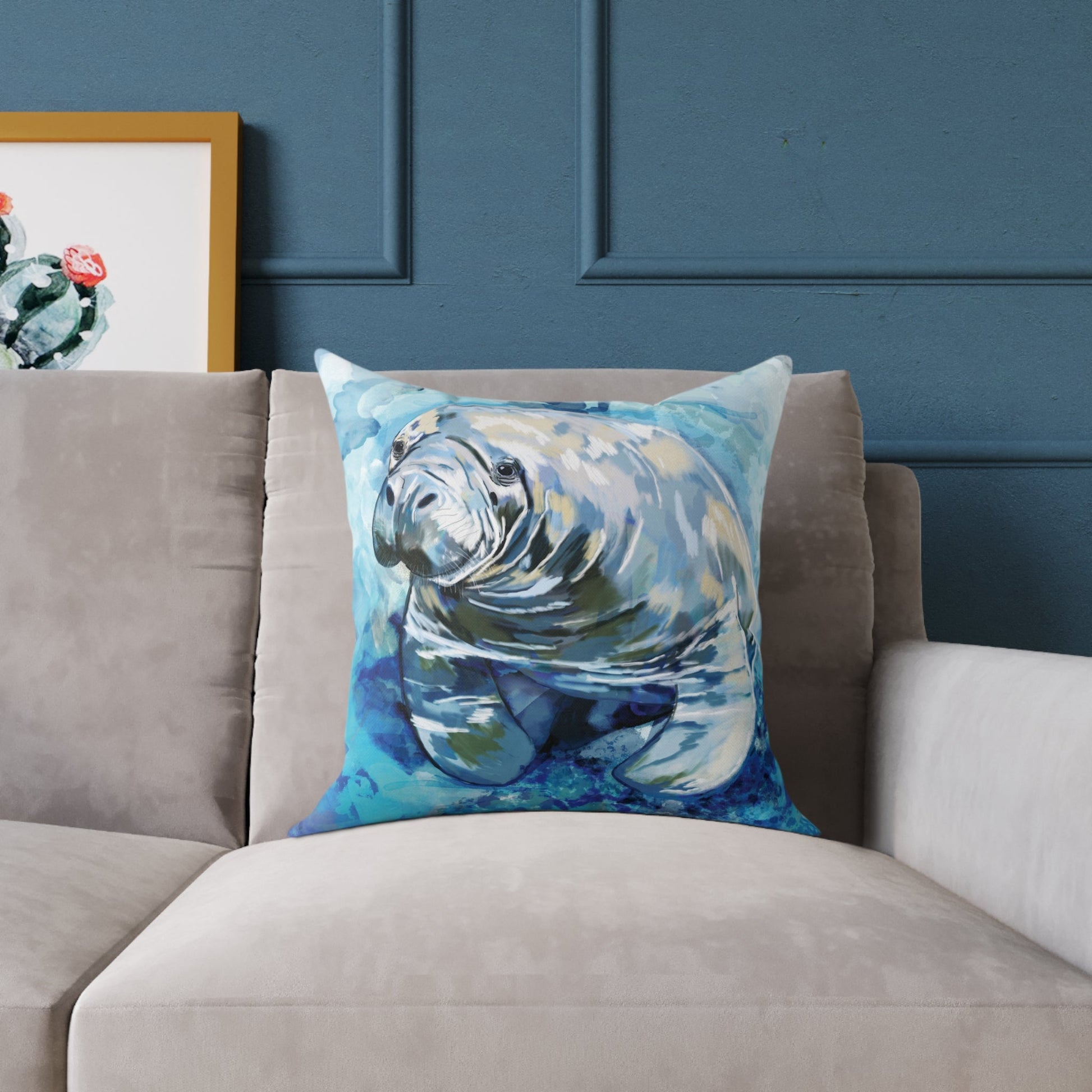 Artistic Manatee Pillow, Nautical Home Accent, Coastal Throw Pillow - 16”, 18”, 20”, 24” 26” - Blue Cava