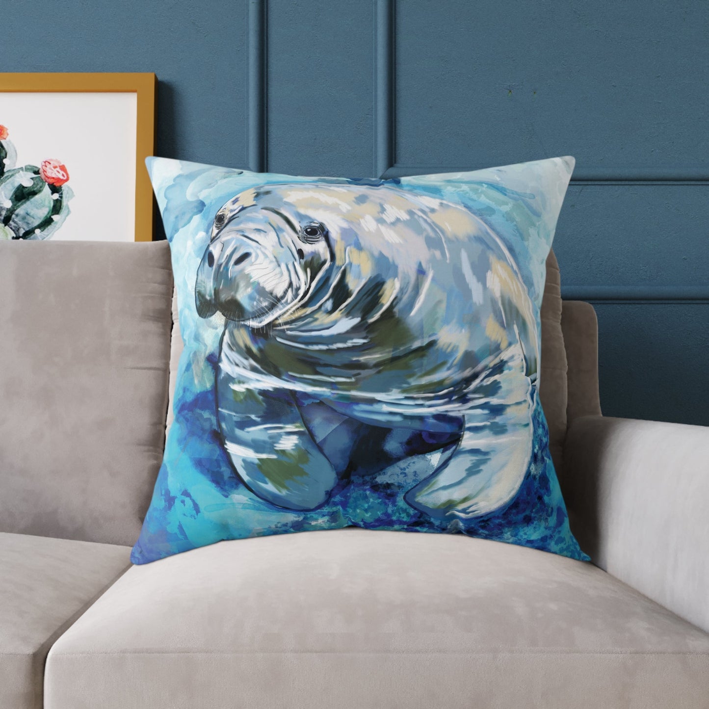 Artistic Manatee Pillow, Nautical Home Accent, Coastal Throw Pillow - 16”, 18”, 20”, 24” 26” - Blue Cava