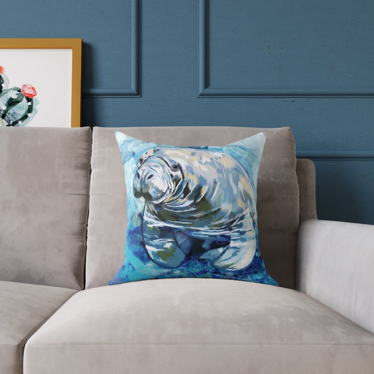 Artistic Manatee Pillow, Nautical Home Accent, Coastal Throw Pillow - 16”, 18”, 20”, 24” 26” - Blue Cava