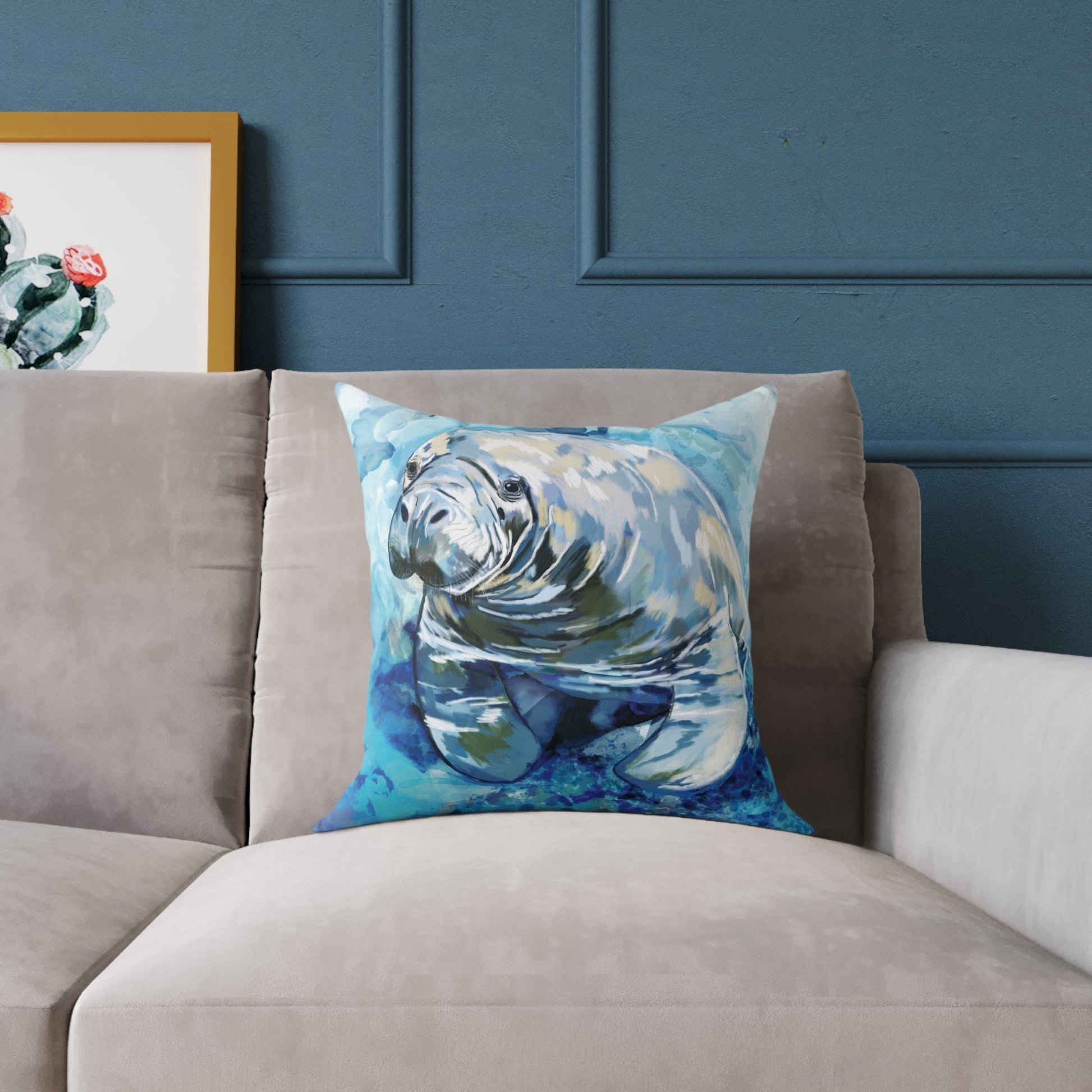 Artistic Manatee Pillow, Nautical Home Accent, Coastal Throw Pillow - 16”, 18”, 20”, 24” 26” - Blue Cava